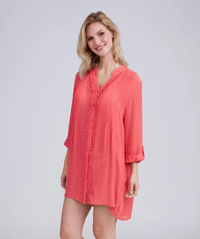 Women’s cover-up artisanal embossed chic -Coral Fringed Beach Shirt Dress