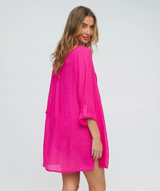 Women’s cover-up custom perforated glow -Deep Pink Fringed Beach Shirt Dress