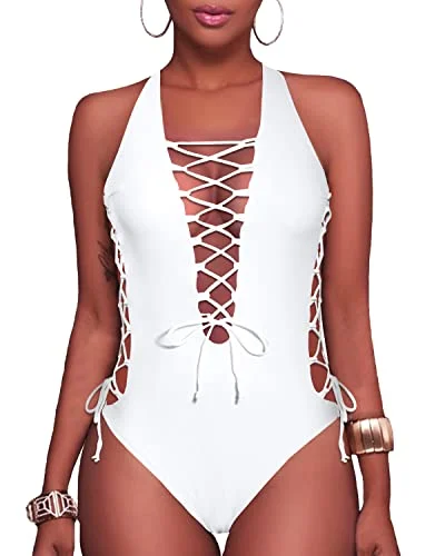 ladies one-piece swimsuit flare sleeves -Plunge V Neck Lace Up One Piece Swimsuits-White