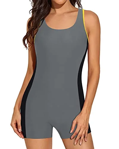 ladies one-piece swimsuit curved straps -Racerback Women's One Piece Swimsuit With Boy Shorts-Black Grey