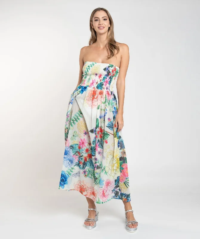 Women’s cover-up maritime studded flair -Sky Blue Floral Print Strapless Bandeau Maxi Dress