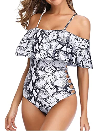 ladies one-piece swimsuit slip on -Ladies Hollow Out Off Shoulder Ruffle One Piece Swimsuits-Black And White Snake Print