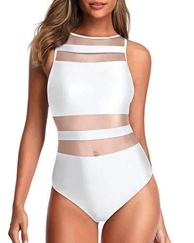 ladies one-piece swimsuit shaped cut -High Neck One Piece Swimsuits For Women Open Back Swimwear-White