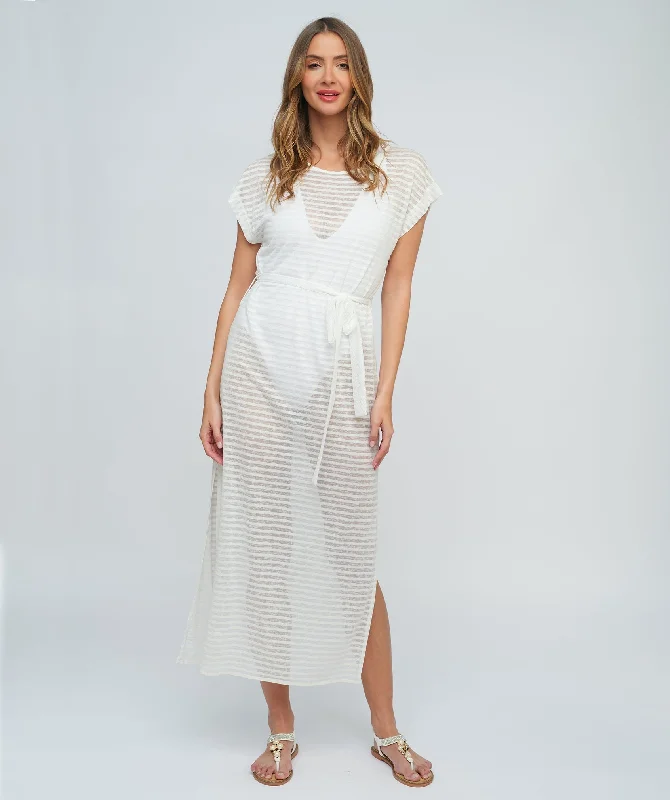 Women’s cover-up loose studded chic -White Stripe Slip-on Beach Maxi Dress