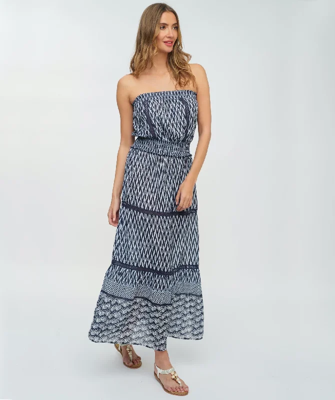 Women’s cover-up ash satin flair -Navy Strapless Cotton Maxi Dress