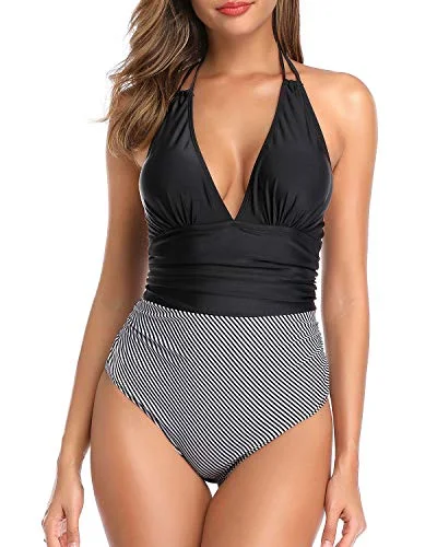 ladies one-piece swimsuit five layers -Plunge V Neck Women One Piece Swimsuit Tummy Control Halter Bathing Suit-Black Stripe