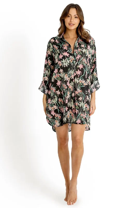 Women’s cover-up floral linen chic -Sunseeker Painters Shirt Camellia - Black