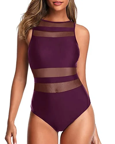 ladies one-piece swimsuit full cover -Charming Curves See Through Sheer One Piece Swimsuits Sheer Swimsuits-Maroon