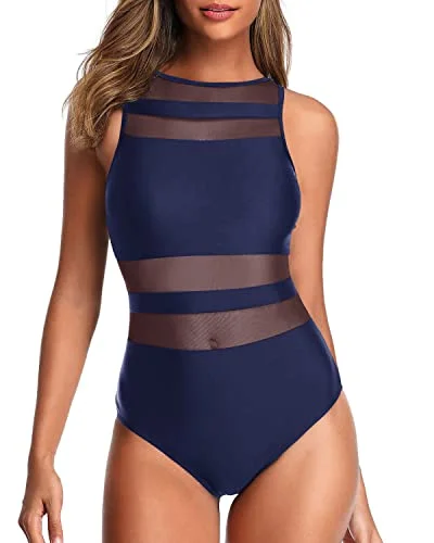 ladies one-piece swimsuit slim cover -Women's Unique And Charming Mesh Patchwork One Piece Swimsuits-Navy Blue