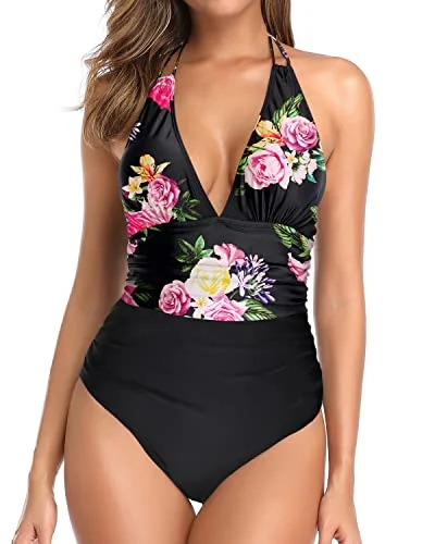 ladies one-piece swimsuit smooth liner -Vintage Women One Piece Swimsuit Tummy Control Plunge V Neck Swimwear-Black Floral