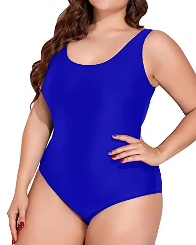 ladies one-piece swimsuit pom pom detail -Crisscross Back U Neck Plus Size One Piece Tummy Control Swimsuits For Women-Royal Blue