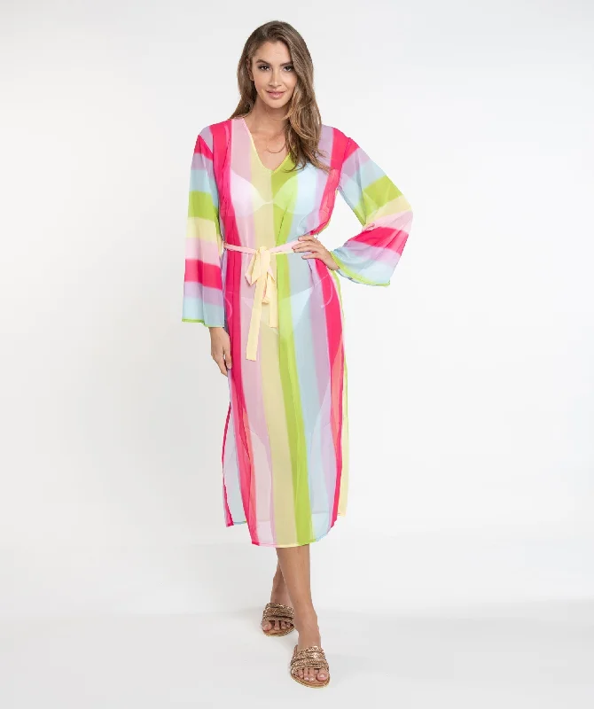 Women’s cover-up flirty perforated flair -Rainbow Stripe Maxi Beach Dress