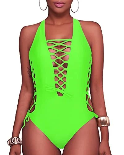 ladies one-piece swimsuit wet safe -Plunge V Neck Lace Up Monokini One Piece Swimsuit For Curvy Women-Neon Green