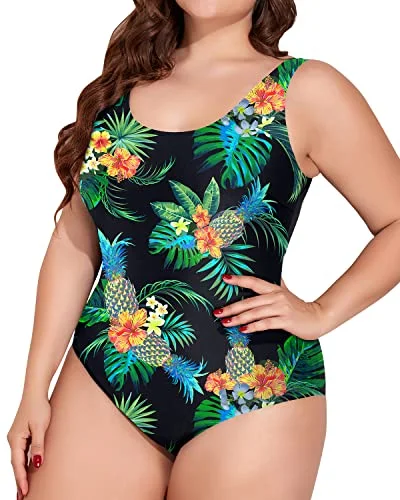 ladies one-piece swimsuit soft neckline -Crisscross Straps One Piece Swimsuit For Women Plus Size Sporty Swimwear-Black Pineapple