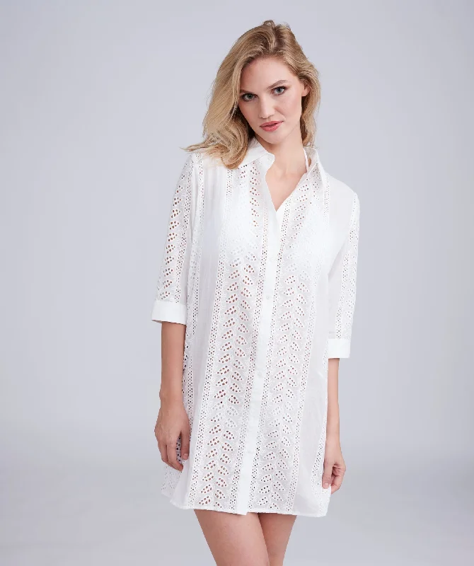 Women’s cover-up teen linen chic -White Eyelet Cotton Shirt Dress