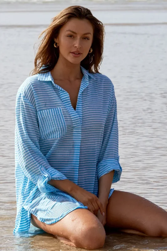 Women’s cover-up ombre studded chic -Sunseeker Resort Painters Summer Stripe Shirt - Teal