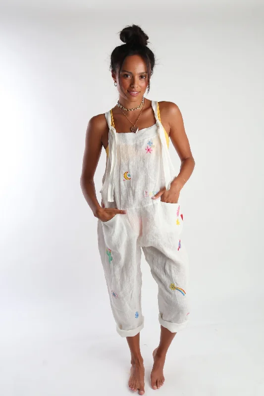 Women’s cover-up lace embossed flair -Linen Groovy Jumpsuit Off White