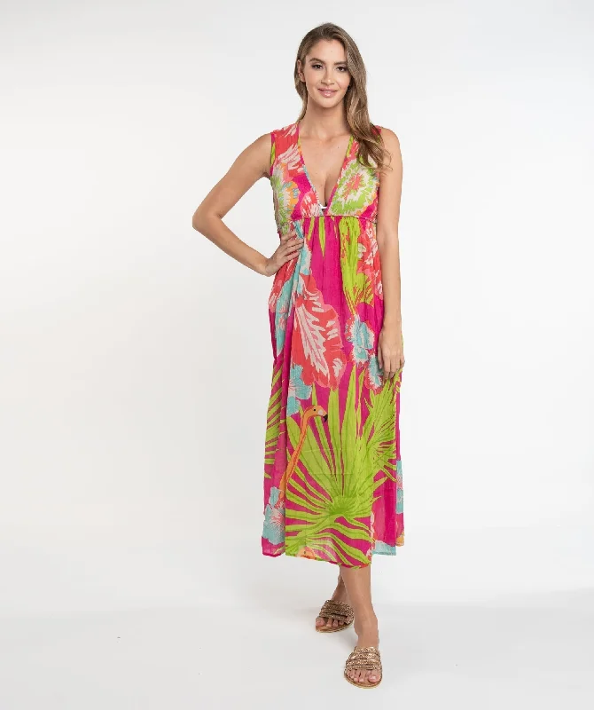 Women’s cover-up taupe embossed glow -Tropical Print Slip-on Maxi Beach Dress