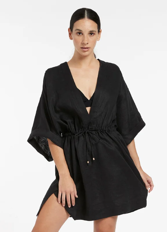 Women’s cover-up travel mesh flair -Jetset Gather Front Kaftan - Black