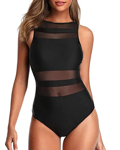 ladies one-piece swimsuit zip sides -Slimming High Neck One Piece Swimsuits For Women Mesh Bathing Suits-Black