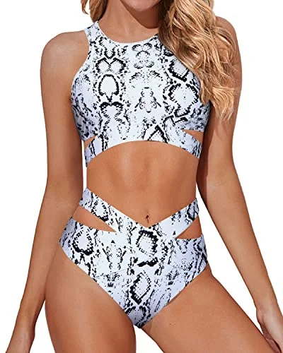 Women’s bikini bottoms chlorine resistant flair -Sexy Adjustable Tie Waist Bottom Two Piece High Neck Bikini Set-Snake Print