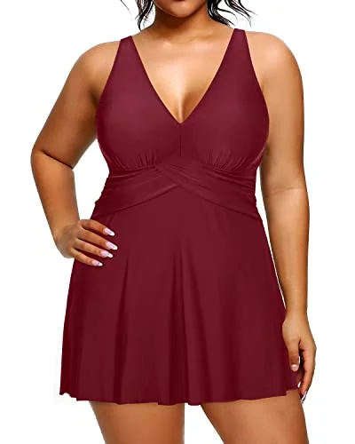 ladies one-piece swimsuit quad set -V Neck Women One Piece Swimdress With Built In Swim Brief Under Skirt-Maroon