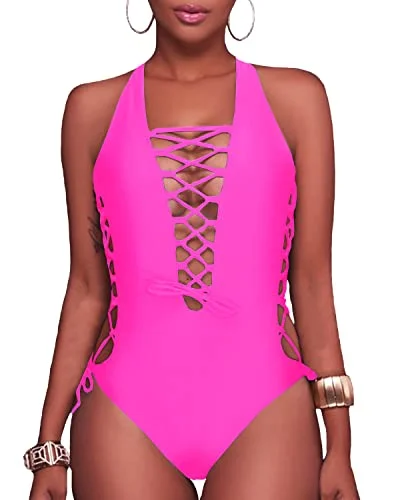 ladies one-piece swimsuit sun guard -Strappy Cutout Monokini One Piece Swimsuit For Curvy Women-Neon Pink