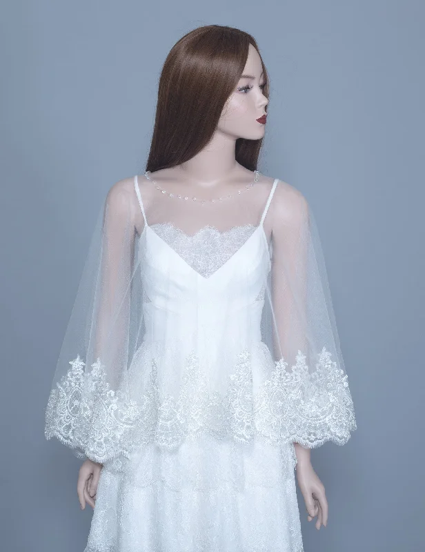 Women’s cover-up sage studded flair -Lace Bridal Cape (#LEORA)