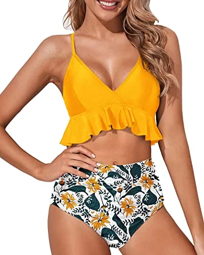 Women’s bikini bottoms sporty linen flair -Women's Charming Ruched Bottom Bikini Swimsuit-Yellow Floral