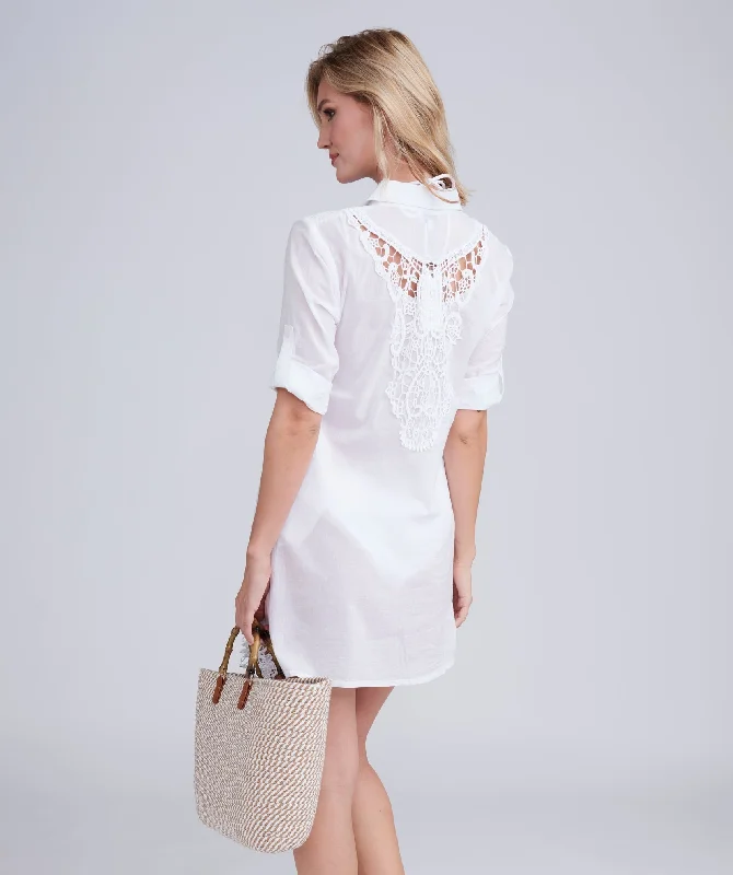 Women’s cover-up summer dress embossed chic -White Crochet Cotton Beach Dress