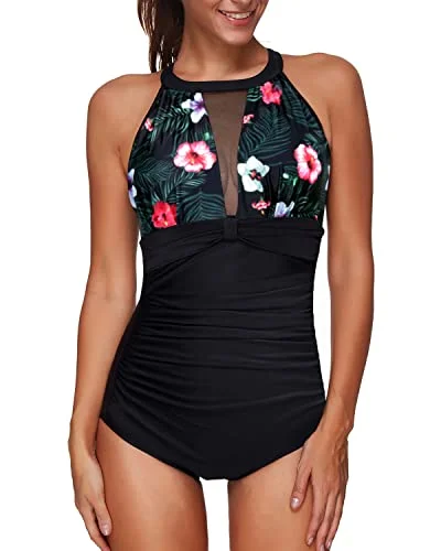 ladies one-piece swimsuit pool shine -Fashionable Mesh Plunge One Piece Swimwear For Women-Black Floral