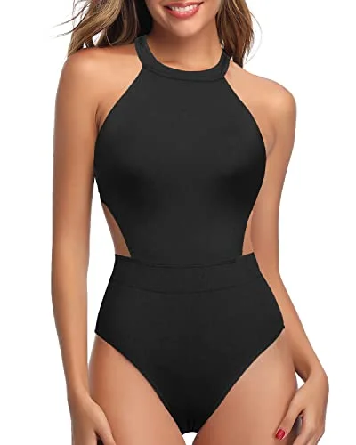 ladies one-piece swimsuit slim neck -Cutout High Neck One Piece Swimsuit Tummy Control For Teen Girls-Black