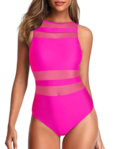 ladies one-piece swimsuit twist front -Open Back Sexy One Piece Bathing Suit For Women-Neon Pink