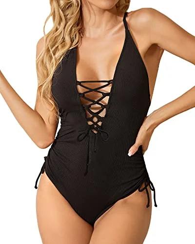 ladies one-piece swimsuit dusk teal -Women Sexy One Piece Swimsuit Plunge V Neck Lace Up Swimwear-Black