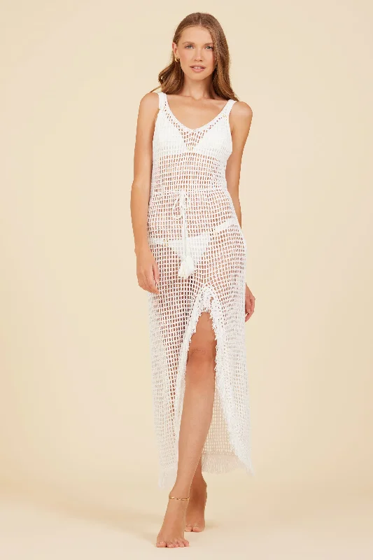 Women’s cover-up casual perforated flair -White Crochet Fringe Maxi Dress