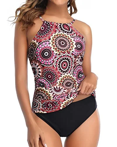 Women’s bikini bottoms sage mesh chic -Charming High Neck Tankini High Cut Bottom-Brown Print