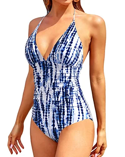 ladies one-piece swimsuit shibori pattern -Women's Halter Neck One Piece Swimsuits For Long Torso-Blue Tie Dye