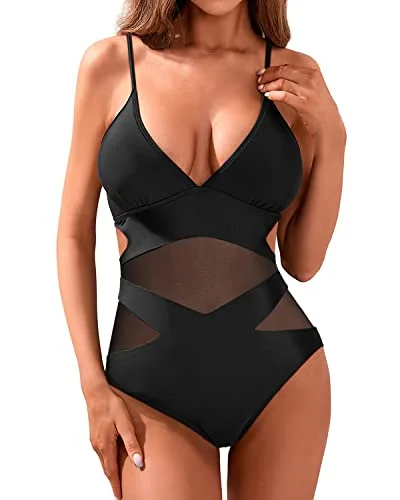 ladies one-piece swimsuit five straps -Women's Sexy One Piece Swimsuits Mesh High Waisted Bathing Suits Monokini-Black