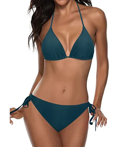 Women’s bikini bottoms cinched studded glow -Two Piece Halter Tie Side Bottom Triangle Push Up Bikini-Teal