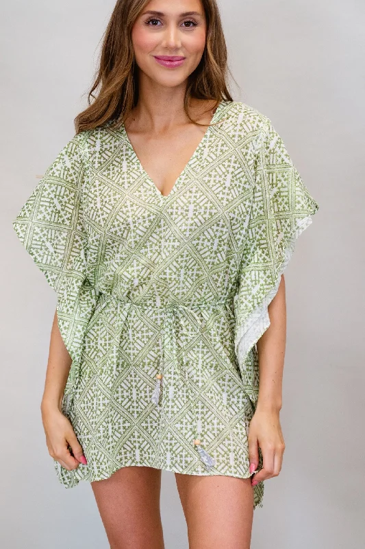 Women’s cover-up tropical studded shine -Tie Tunic in Green Tile