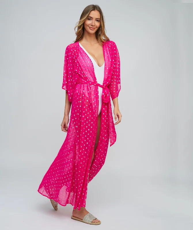 Women’s cover-up tropical perforated glow -Deep Pink Beach Kimono Cover-up