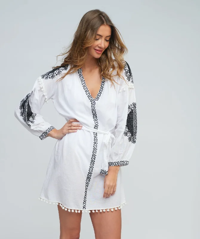 Women’s cover-up one-shoulder linen chic -White/Black Cotton Tunic Dress