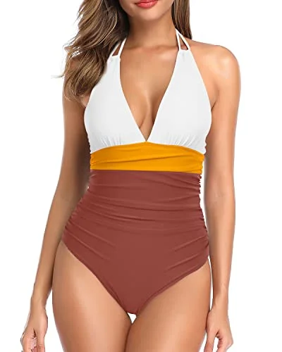 ladies one-piece swimsuit eagle pattern -Women Sexy Plunge V Neck One Piece Swimsuit Tummy Control Bathing Suit-Whtie Yellow Brown