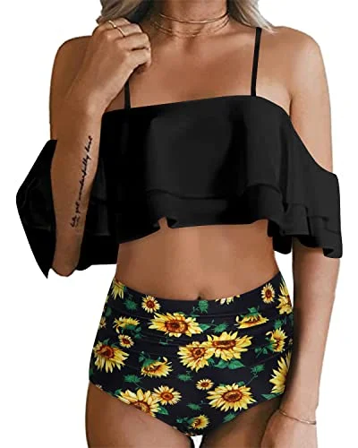 Women’s bikini bottoms bold satin glow -Elegant Off Shoulder Bikini Set For Women Tummy Control Bottoms-Black Sunflower