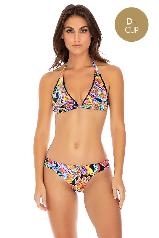 ladies bikini top bold flare -MOON NIGHTS - Triangle Halter Top & Banded Full Bottom • Multicolor