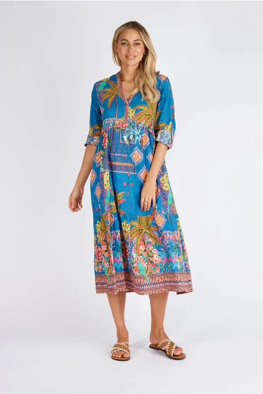 Women’s cover-up neon linen flair -Lula Life Mika Midi Cotton Dress Ocean