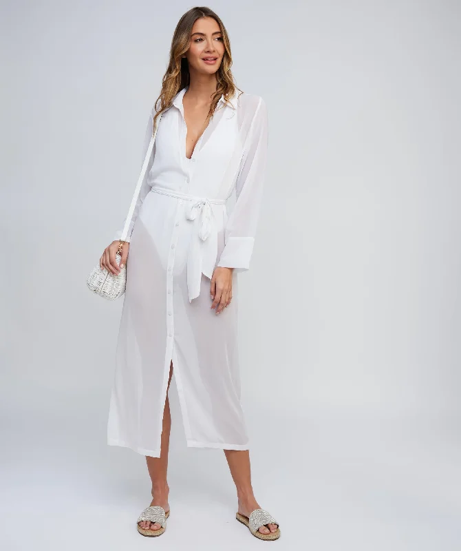 Women’s cover-up linen textured flair -White Sheer Maxi Shirt Dress