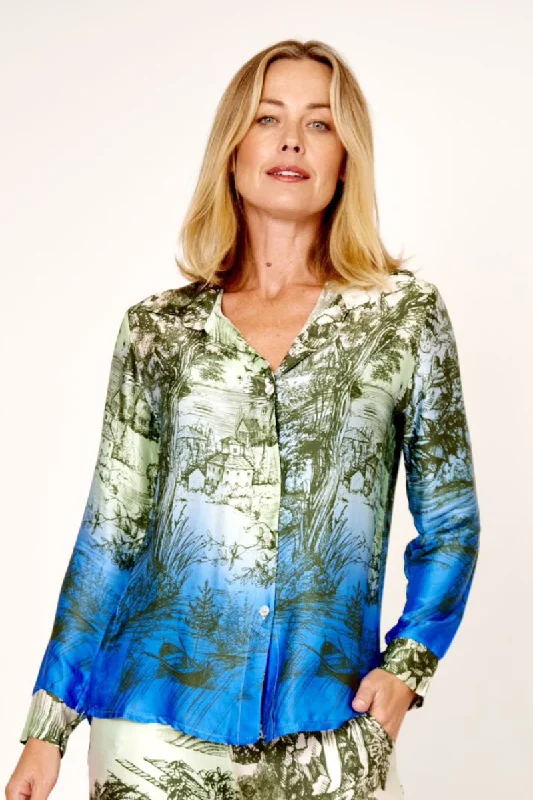 Women’s cover-up blue studded chic -La Strada 100% Viscose Shirt Multi Green Azure