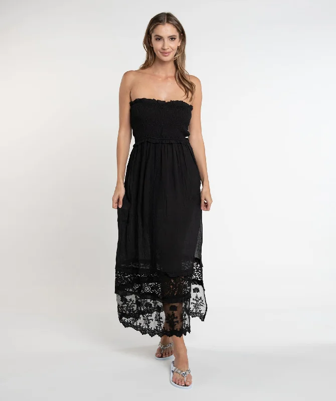 Women’s cover-up beach embossed chic -Black Strapless Slip-On Maxi Dress