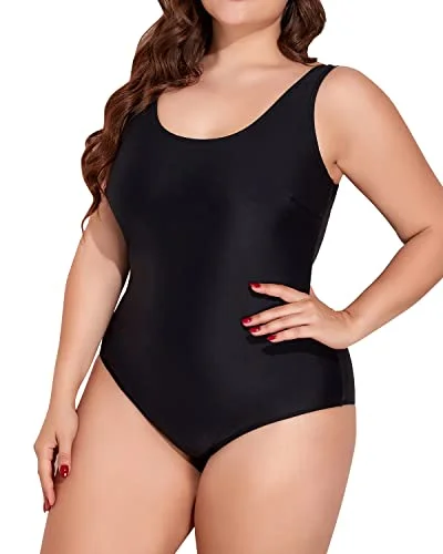 ladies one-piece swimsuit fish scale design -U Neck Plus Size One Piece Swimsuits Tummy Control Bathing Suits Sporty Swimwear-Black